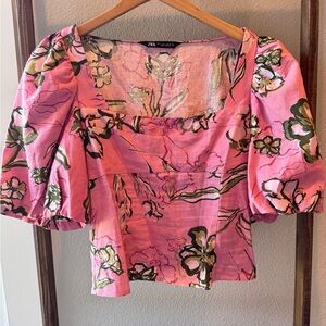 Zara Pink Floral Puff-Sleeve Square-Neck Blouse